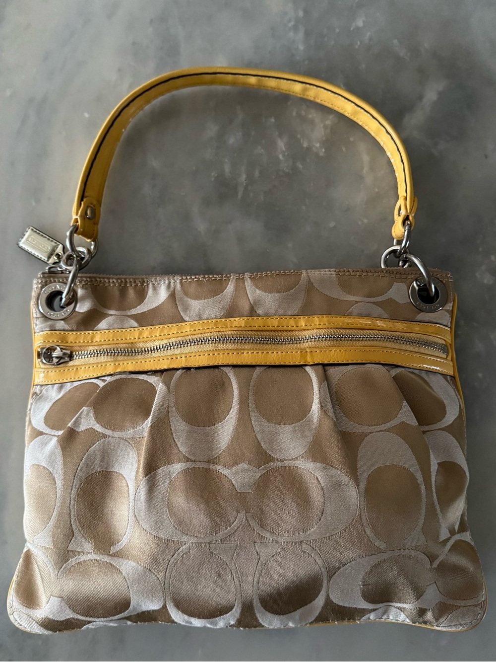 Coach Poppy Khaki and Yellow Signature Canvas Shoulder Purse Handbag